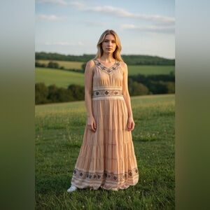 Vintage Signé Danish Boho Dress Tiered Beaded Sz L